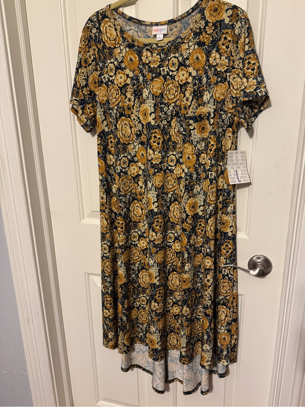 LuLaRoe Carly High-Low Dress Blue and Gold Floral Print Sz Large Super Stretch